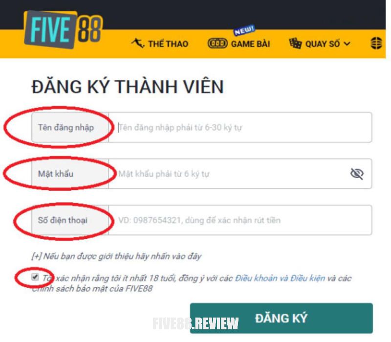 Đăng ký Five88 giao diện máy tính