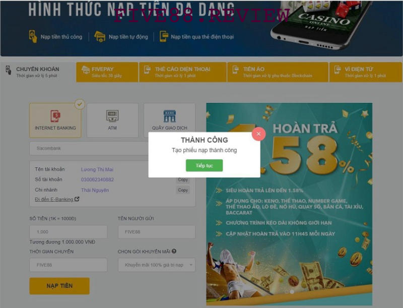 Một số vấn đề khi nạp tiền Five88