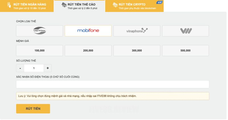 Hướng dẫn cách rút tiền Five88