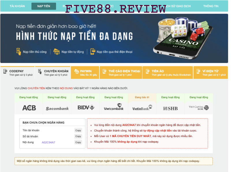 Đa dạng hình thức nạp tiền Five88